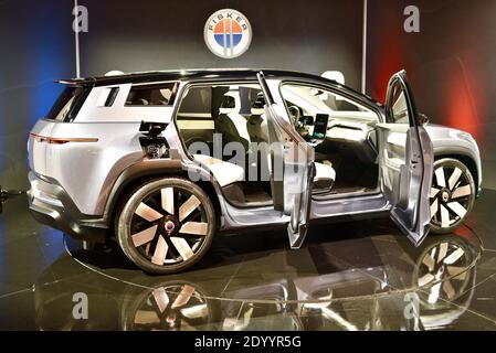 All-electric Fisker Automotive Ocean crossover vehicle, with solar panels on roof, on display at CES world's largest trade show Las Vegas, NV, USA Stock Photo