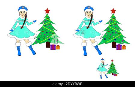 find the differences snow maiden in a blue dress near the decorated Christmas tree Stock Photo