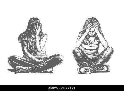 Sketch Of A Sad Lonely Young Girl Sitting On The Floor And Hugging Her Knees With Inclined Head Vector Illustration Stock Vector Image Art Alamy