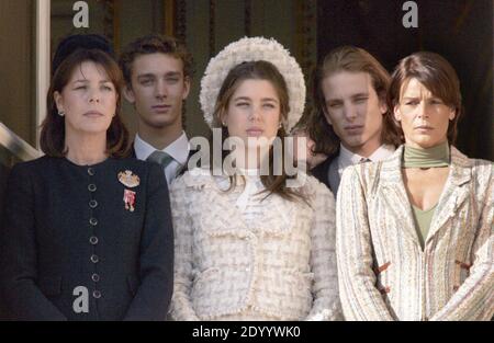 Daughter of Princess Caroline of Monaco Charlotte Casiraghi gave birth to a baby boy she had with actor and comedian Gad Elmaleh at the Princess Grace Hospital in Monaco on Tuesday it was reported on Wednesday December 18. File photo : Prince Albert II of Monaco, Princess Stephanie, Princess Caroline of Monaco, Charlotte, Pierre and Andrea Casiraghi attend from the Palace's balcony the standard release ceremony and military parade on palace square in Monaco as part of Prince Albert II of Monaco's enthronement ceremonies on Nov. 19, 2005. Prince Albert II is formally invested as ruler of Monaco Stock Photo
