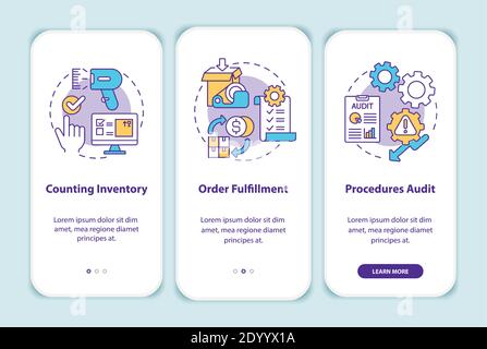 Warehouse procedures onboarding mobile app page screen with concepts Stock Vector