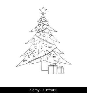 coloring book Christmas tree decorated with a garland, balls and bows, gifts under the tree Stock Photo