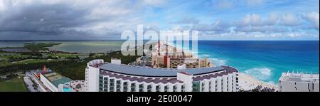 Cancun beach and Seadust Cancun Family Resort, The Royal Islander Resort panorama aerial view, Cancun, Quintana Roo QR, Mexico. Stock Photo