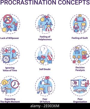 Procrastination concept icons set Stock Vector