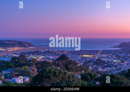 Sunset aerial view of Wellington International airport in New Zealand Stock Photo