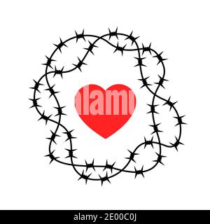 Barrier made of barbed wire as protection of heart - being protected against love and romantic emotions causing emotional hurt and harm. Refusal of re Stock Photo