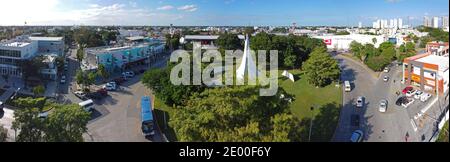 Cancun town square and Mexican History Monument panorama aerial view on Avenida Tulum, Cancun, Quintana Roo QR, Mexico. Stock Photo