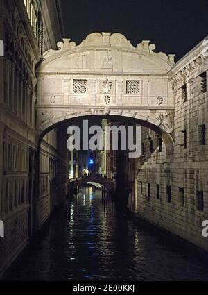 Nighttime view of the Bridge of Sighs, which was built in around 1600 to serve as a passageway between the Palazzo Ducale and the prison, in Venice, Italy on Sunday, October 27, 2013. The bridge spans the Rio Del Palazzo, just a short distance from the Grand Canal. It earned its name from the sighs of prisoners being led to trial or to jail after their conviction. Photo by Ron Sachs/CNP/ABACAPRESS.COM Stock Photo