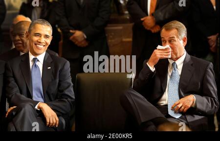 US President Barack Obama (L) and Speaker of the House John Boehner (R) attend a memorial service for former Speaker of the House, Tom Foley, on Capitol Hill, October 29, 2013, in Washington, DC, USA. Tom Foley represented Washington's 5th congressional district as a Democratic member and was the 57th Speaker of the US House of Representatives from 1989 to 1995. He later served as US Ambassador to Japan from 1997 to 2001. Photo by Aude Guerrucci/Pool/ABACAPRESS.COM Stock Photo