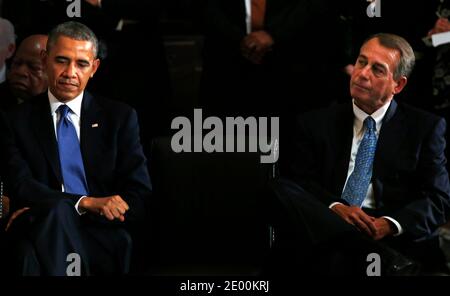 US President Barack Obama and Speaker of the House John Boehner, attend a memorial service for former Speaker Tom Foley on Capitol Hill, October 29 2013, in Washington, DC, USA. Tom Foley represented Washington's 5th congressional district as a Democratic member and was the 57th Speaker of the US House of Representatives from 1989 to 1995. He later served as US Ambassador to Japan from 1997 to 2001. Photo by Aude Guerrucci/Pool/ABACAPRESS.COM Stock Photo