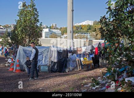 about 500 people demonstrate in Oullins France (near Lyon) with their Mayor François Noel Buffet (UMP) against the arrival from 300 albanian refugees in their town, actually in a camp under a high way at the south entry of Lyon. Lyon , November9,2013. Photos by Vincent Dargent/ABACAPRESS.COM Stock Photo