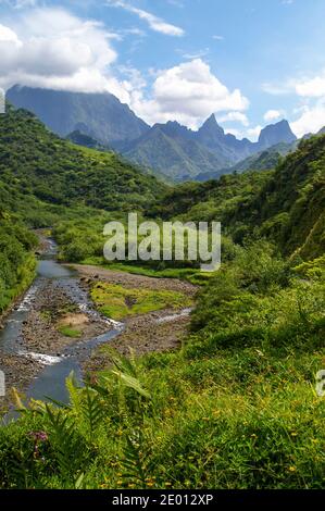 Papenoo valley in Tahiti. Mountains, blue sky. No People Stock Photo