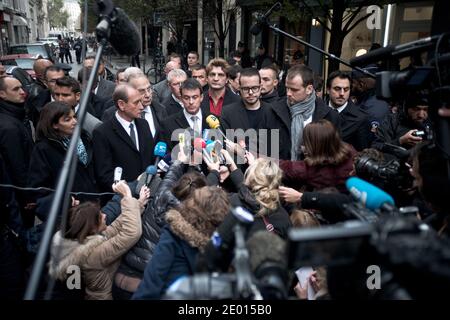 Interior Minister Manual Valls, Culture Minister Aurelie Filippetti, Paris Mayor Bertrand Delanoe, Deputy Mayor Anne Hidalgo and Liberation chairman Nicolas Demorand answer the media outside the newspaper's headquarters after a gunman opened fire injuring a young photographer, in Paris, France on November 18, 2013. Photo by Nicolas Messyasz/ABACAPRESS.COM Stock Photo