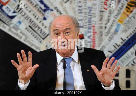 FIFA President Sepp Blatter attends a press conference after his private audience with Pope Francis in Rome, Italy on November 22, 2013. 'It was really a meeting between two sportsmen and two football fans.' Blatter said. Blatter said he responded to the pope's request for FIFA to help the favelas, or slums, of Rio de Janeiro during the 2014 World Cup, with a promise to 'do what we can.' Photo by Eric Vandeville/ABACAPRESS.COM Stock Photo