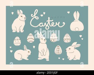 Set of Easter concept elements. Happy easter lettering, rabbit or bunny and easter decorative eggs. Vector flat illustrations for design, postcards Stock Vector