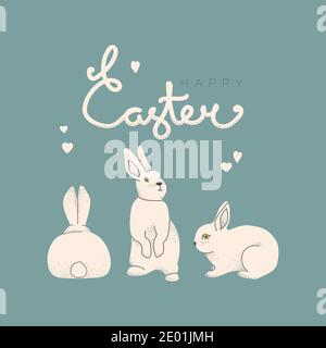 Easter greeting card. Happy easter lettering, hares or bunnies. Vector flat illustrations for design, postcards, prints. Blue and white colors. Stock Vector