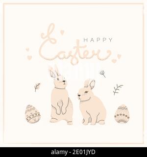 Happy easter lettering, hares or bunnies and decorative easter eggs. Vector flat illustrations for design, postcards, prints, stickers. Easter Stock Vector