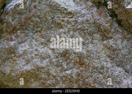 rock texture close up with green moss and roots. High quality cracked boulder, fractured. Stock Photo