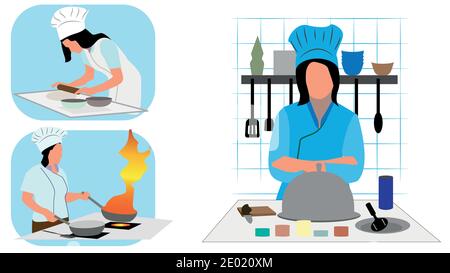 Set of woman chef cooking in the restaurant kitchen editable vector illustration Stock Vector