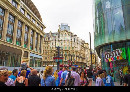 Crowds on Leicester Square with nice old and modern buildings City of Westminster, London ,England, United Kingdom,August 2016 Stock Photo