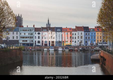 Ghent, Belgium - November 13 2014: Colourful apartment buildings along a canal in Ghent, Belgium Stock Photo