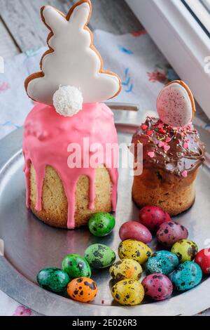 Easter cakes, eggs. Easter baked goods and eggs. Happy easter Stock Photo