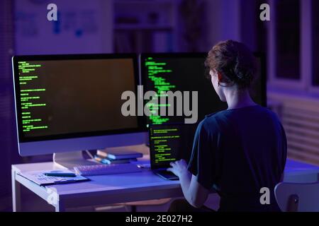 Rear view shot of professional female soft developer working on new computer application in evening, copy space Stock Photo