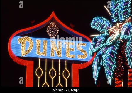 Neon sign for the Dunes Hotel and Casino on the  Strip in Las Vegas, Nevada Stock Photo