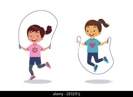 two little girls are playing jumping rope together happily Stock Vector