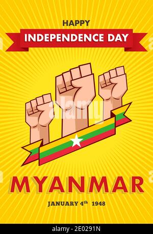 Vector illustration Myanmar Independence Day on 4th January. Celebration poster with clenched fist and flag of Myanmar. Stock Vector