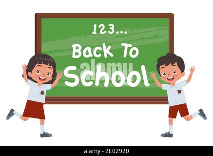 a pair of boys and girls welcome another child to return to school in front of a blackboard Stock Vector