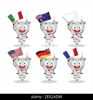 White plug cartoon character bring the flags of various countries. Vector illustration Stock Vector