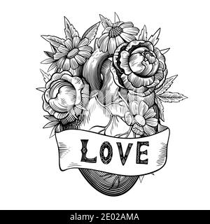 Vintage illustration of heart with flowers and ribbon in tattoo engraving style. Black and white vector drawing. Stock Vector