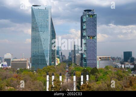 Torre Mayor and Torre BBVA on Avenue Paseo de la Reforma aerial view from top of Chapultepec Hill in Mexico City CDMX, Mexico. Stock Photo