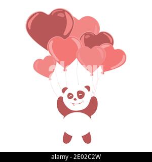 Valentine s Day cute panda on balloons rises into the sky. Panda is in love. Stock Vector