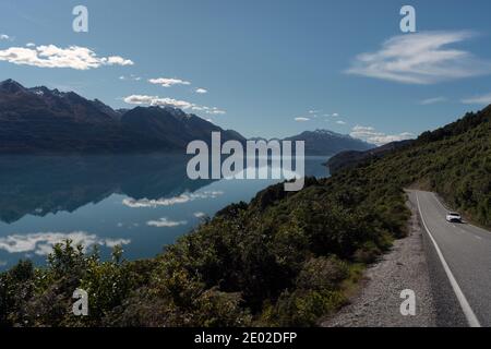 Amazing panoramic view of Lake Wakatipu and the motorway from Queenstown to Glenorchy. New Zeaand, South Island.