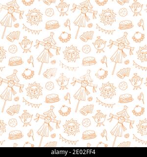 Maslenitsa seamless pattern. Pancake week elements - blins, sun, scarecrow of winter, accordion. Shrovetide. Vector illustration Stock Vector