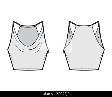 Tank low cowl Crop Camisole technical fashion illustration with thin adjustable straps, slim fit, waist length. Flat outwear top template front, back, grey color. Women men unisex CAD mockup Stock Vector