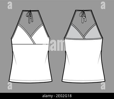 Top halter neck surplice tank cotton-jersey technical fashion illustration with empire seam, bow, oversized, tunic length. Flat outwear template front, back, white color. Women men CAD mockup Camisole Stock Vector