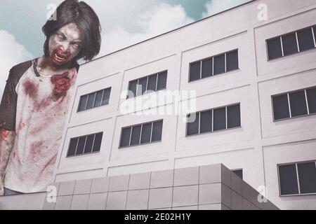 Collage of zombie man standing behind the building. Collage art concept Stock Photo