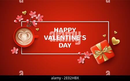 Beautiful Valentine's day banner. Holiday illustration with realistic Valentine's Day gift and a cup of coffee Stock Vector