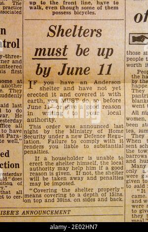 Article reminding readers of deadline for people to erecting home Anderson Shelter, Daily Express newspaper (replica) on 31st May 1940. Stock Photo
