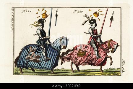 Two mounted knights in jousting armor for two different types of course: with target shield (targe) 220 and with great helm (heaume) 221. Knight in jousting armor on blue striped caparisoned horse with a blazon of a small boy on top of a cloud holding a lance 221. Knight on a pink caparisoned horse with heraldic decorations of the letter D, birds and a golden birdcage 220. In the course, the knight aimed his lance at a particular spot on the opponent's breastplate: when this button was hit, a metal plate was shot into the air (shown in the plate as golden fragments above the knights). Copied f Stock Photo
