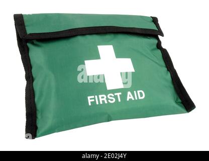 Basic first aid kit pouch with a white cross isolated on a white background Stock Photo