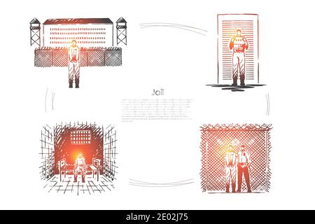 Jail, criminal penalty, crime punishment, prisoner incarceration, convict behind bars, correctional institution banner. Prison detention, imprisonment Stock Vector