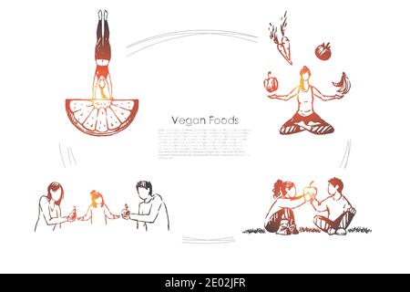 People eating organic food, fruits and vegetables, healthy lifestyle, woman sitting in lotus pose banner. Vegetarian diet, nutrition plan concept sket Stock Vector