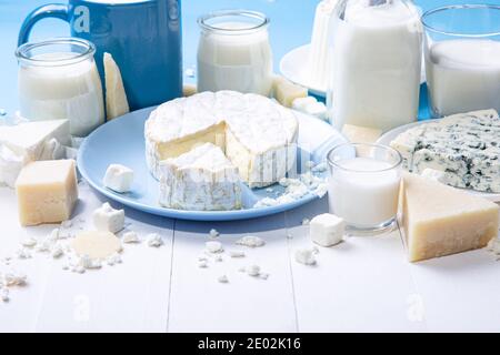 Close up view of dairy products in wooden withe background with copy space. Stock Photo