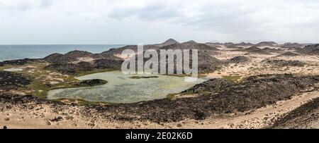 Panoramic view of volcanic landscape of Isla de Lobos in Fuerteventura, Canary Islands, Spain. Stock Photo