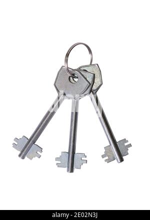 Chrome plated bunch of keys isolated on white Stock Photo