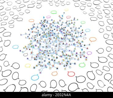 Crowd of small symbolic 3d figures linked by lines, complex layered system surrounded by speech bubbles, over white, horizontal, isolated Stock Photo